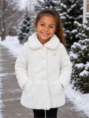 Juicy Couture Girls White Faux Fur Coat Jacket Size 7 Button Front